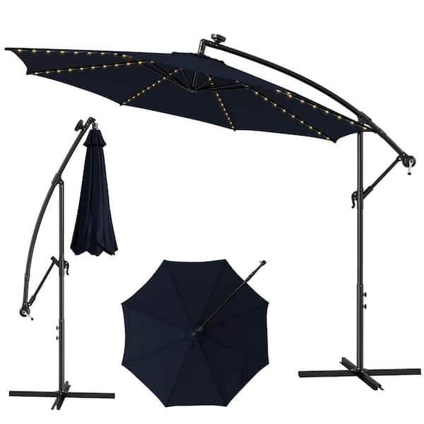 Costway 10 ft. Solar-Lighted 112 LED Cantilever Offset Patio Umbrella Crank Tilt in Navy