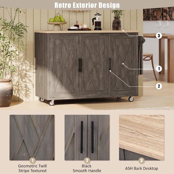 Oasis Brown Wood 51.2 in. Kitchen Island with Drop Leaf, Farmhouse Kitchen Island on Wheels with Internal Storage Rack