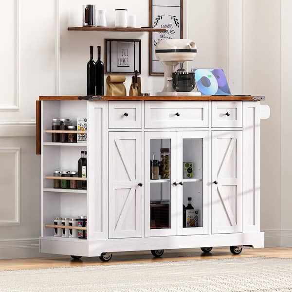 53 in. White Kitchen Cart with Drop Leaf Tempered Glass Cabinet Doors, Power Outlet, Rolling Kitchen Cart on Wheels
