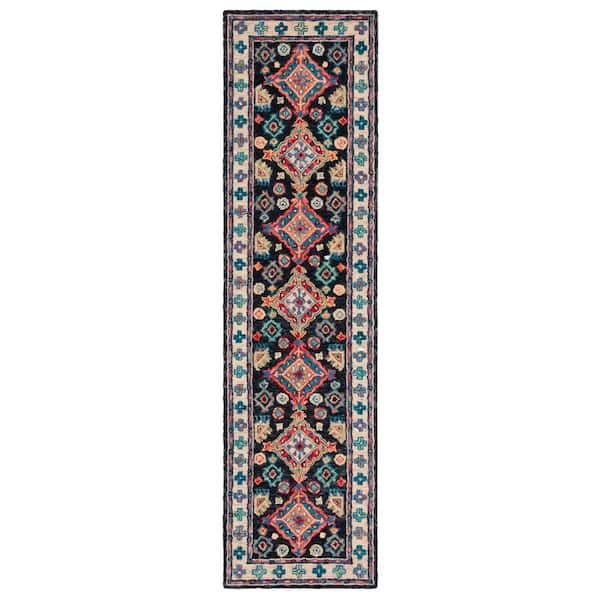 Aspen 2 ft. x 19 ft. Charcoal/Blue Border Bohemian Runner Rug