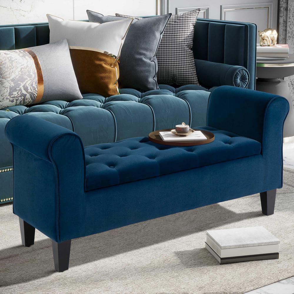 Elegant Blue Velvet Button-Tufted Ottoman Bench with Storage and Rolled Armrests