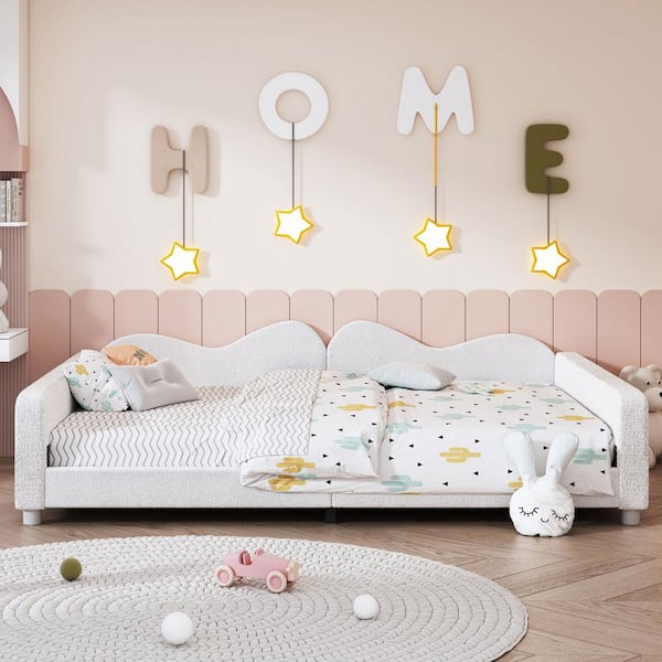 Polibi White Wood Frame Full Size Upholstered Platform Bed with Cloud-Shaped Backrest, No Box-Spring Needed
