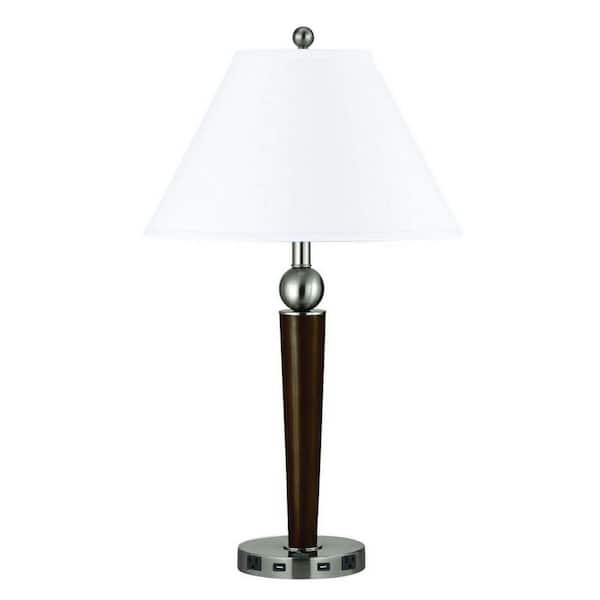 HomeRoots 29 in. Nickel Metal Usb Table Lamp with White Empire Shade