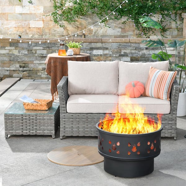 weaxty W Hanes A Gray 4-Piece Wicker Patio Outdoor Wood Burning Fire Pit Loveseats Sofa Set with Beige Cushions