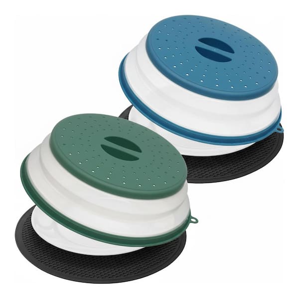 4-Piece Collapsible Microwave Splatter Cover and Mat Set BPA-Free Silicone Plastic Dishwasher Safe Vented Lid