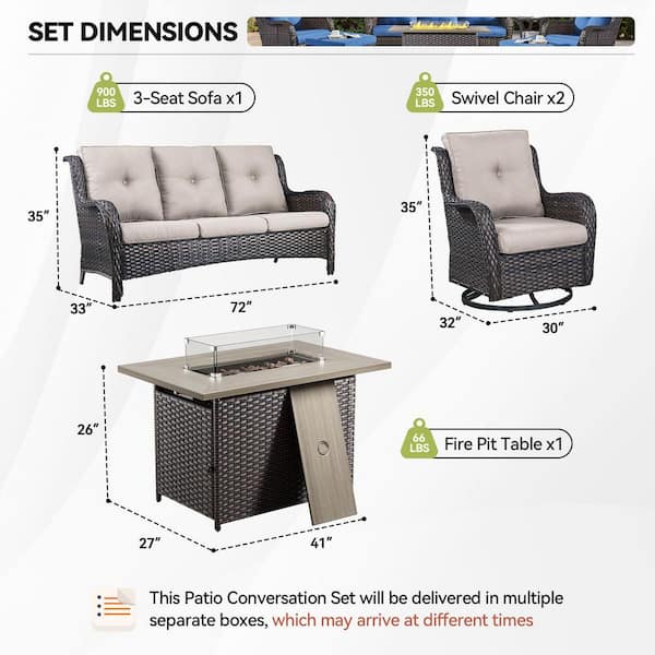 4-Piece Brown Wicker Fire Pit Conversation Set with Olefin Beige Cushions and 2 Swivel Glider Chairs and Couch