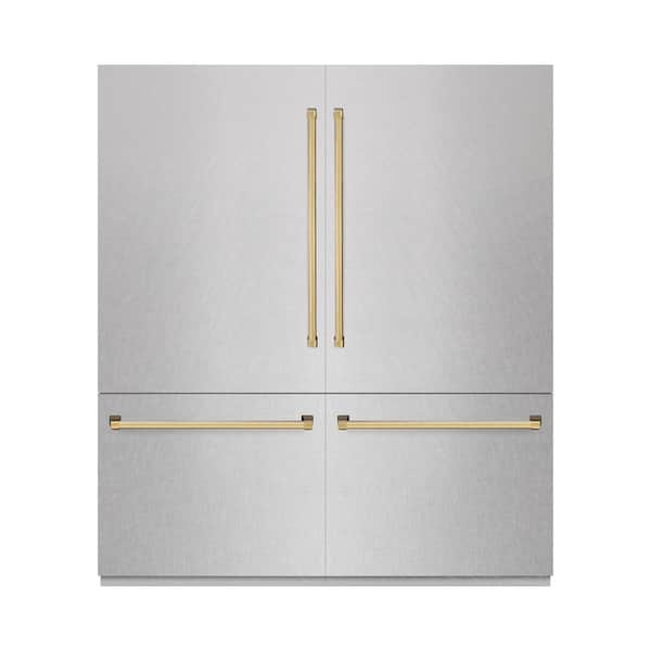 ZLINE Kitchen and Bath Autograph 72 in. Built-In Refrigerator in Satin Steel with Graphite Gray Interior and Polished Gold Accents