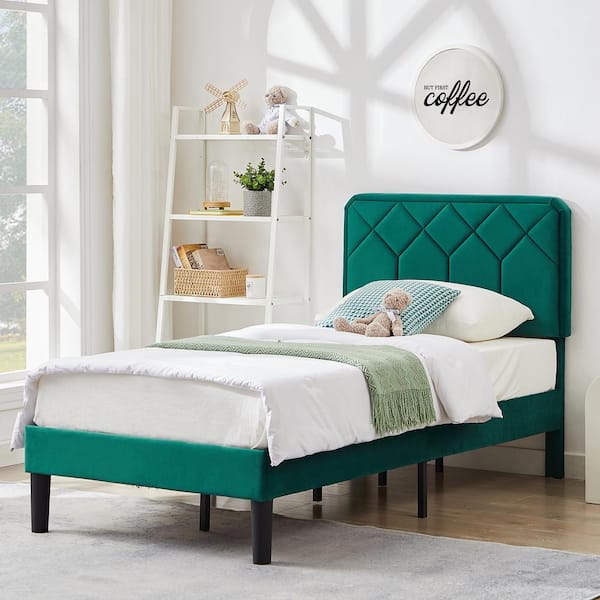 VECELO Bed Frame with Upholstered Headboard, Green Metal Frame Twin Platform Bed with Strong Frame and Wooden Slats Support