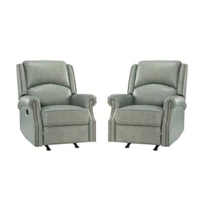 Torivio 32.67 in. Wide Grey Genuine Leather Manual Rocker Recliner with Rolled Arms (Set of 2)