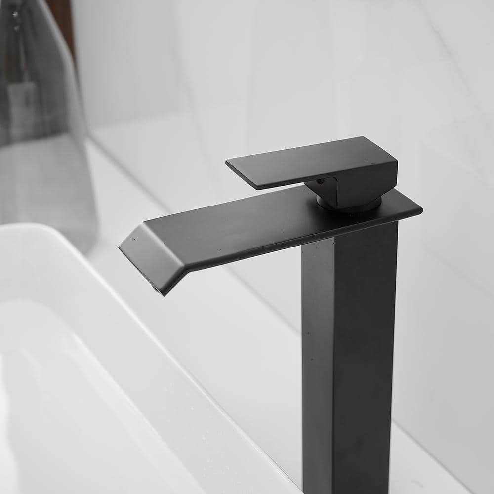 Matte Black Tall Waterfall Vessel Sink Faucet with Pop-Up Drain