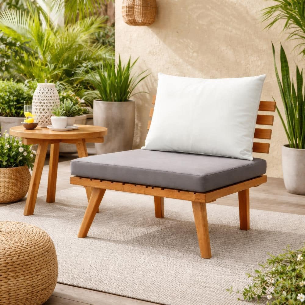 Benjara Roma Brown Wood Outdoor Lounge Chair with Gray and White