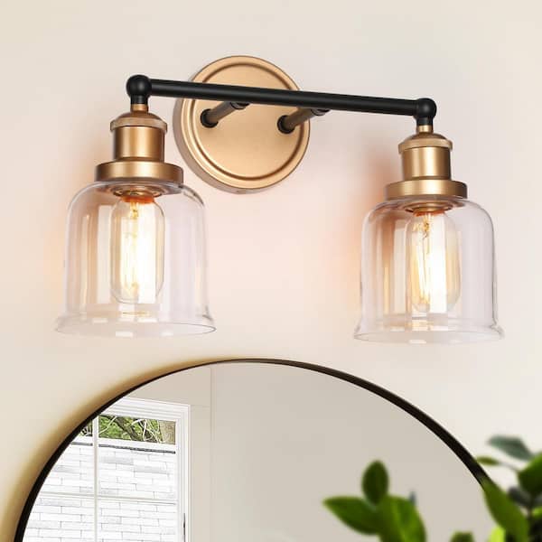 Uolfin Modern Dome Bathroom Vanity Light 2-Light Black and Brass Bell Wall Sconce Light with Clear Glass Shades