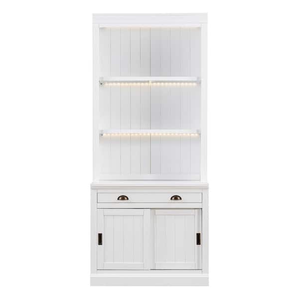 83.4 in. Tall White Wood 3-Shelf Standard Bookcase with Drawer, Sliding Doors and LED Light