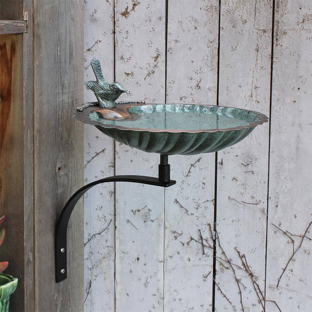 Verdigris Scalloped Shell Bird Bath with Wall Bracket