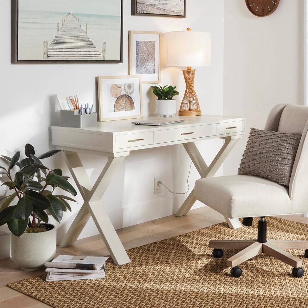 Contemporary Desk with 3 Storage Drawers Organizer Large Surface Table  White
