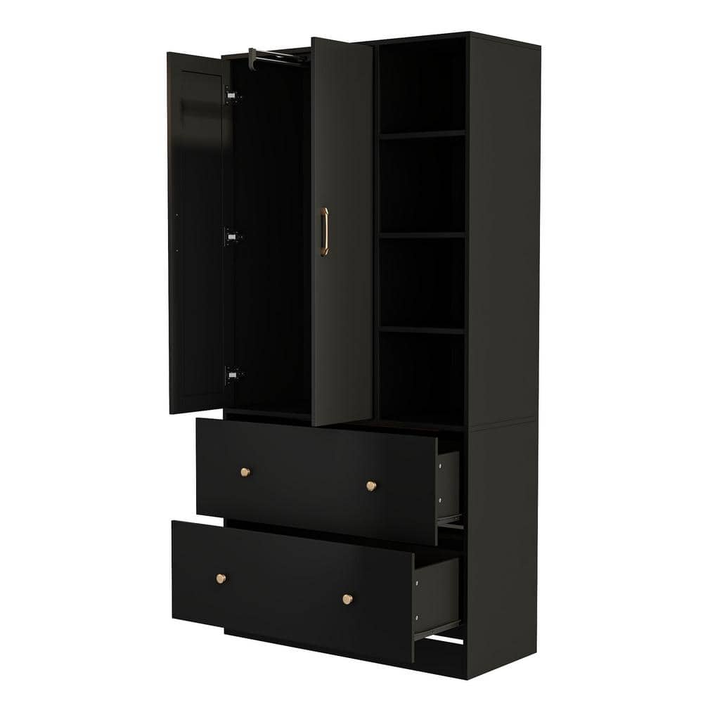 White Wood 35.5 in. W Armoires Wardrobe With Mirror, Pulling Hanging Rod, Drawers, Shelves 15.8 in. D x 70.8 in. H - thumbnail 3