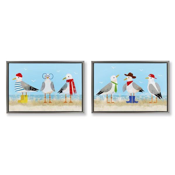 Stylish Seagulls at Beach by Victoria Barnes 2-Pieces Gray Floater Frame Animal Graphic Art Print 21 in. x 31 in.