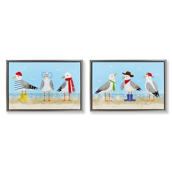 Stylish Seagulls at Beach by Victoria Barnes 2-Pieces Gray Floater Frame Animal Graphic Art Print 21 in. x 31 in.