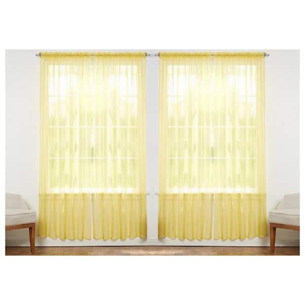 J&V TEXTILES Solid Yellow 55 in. W x 84 in. L Rod Pocket Sheer Window Curtain Panel (Set of 4)