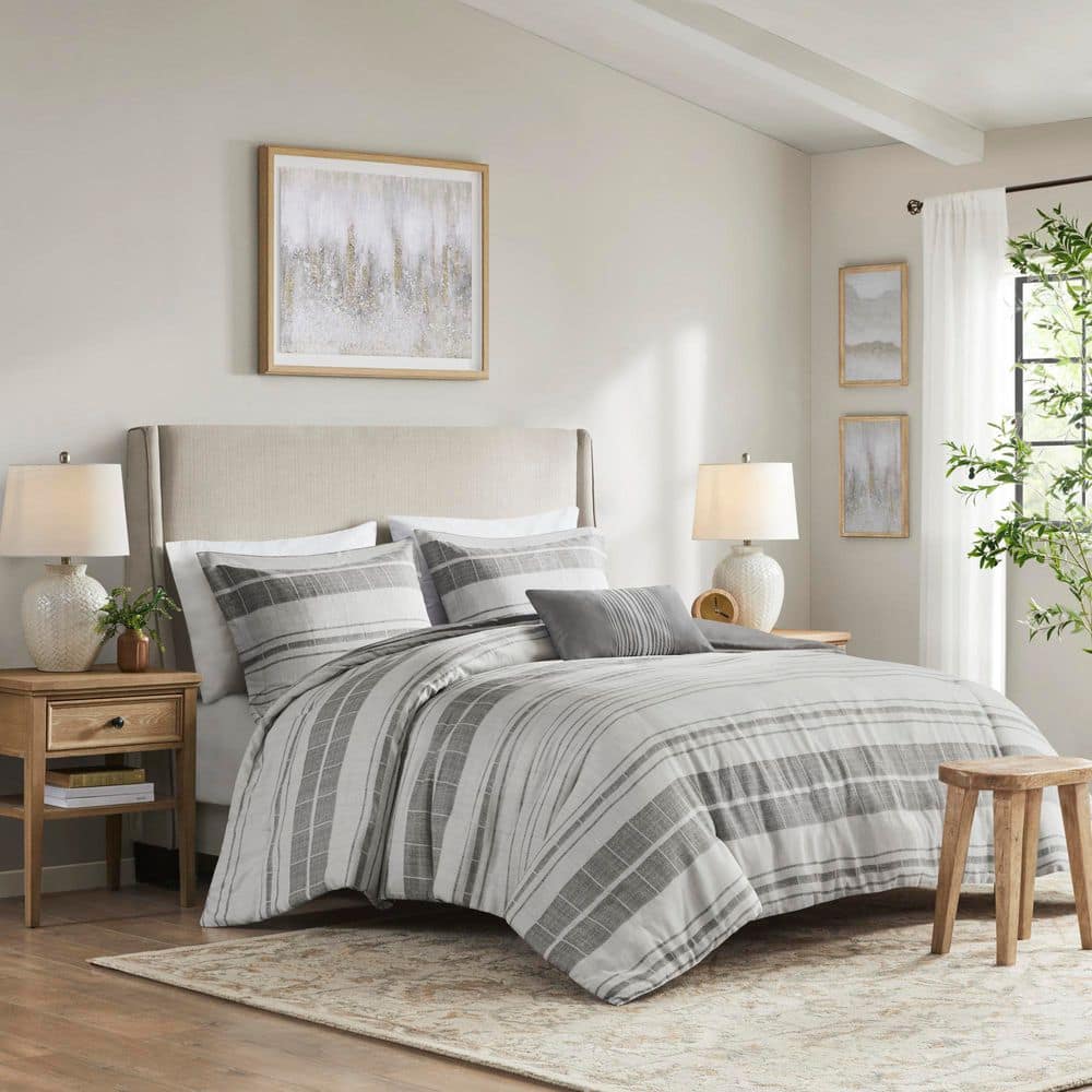 Full Gray Microfiber Striped Comforter Set with Throw Pillow