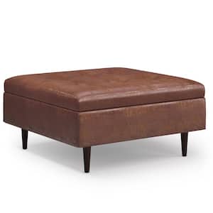 Shay 38in. Wide Mid Century Modern Square Coffee Table Storage Ottoman in Distressed Saddle Brown Vegan Faux Leather