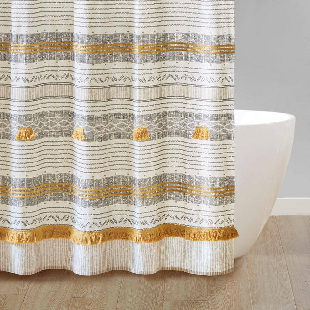 Gray and Yellow Cotton Striped Shower Curtain with Tassels