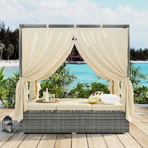 High Comfort Metal Outdoor Day Bed with Beige Cushions and Curtain, Outdoor Adjustable Sun Bed with Canopy