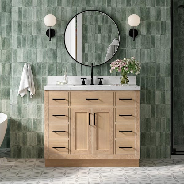 Hepburn 42 in. W x 22 in. D x 36 in. H Single Freestanding Bath Vanity in Oak with Carrara White Quartz Top