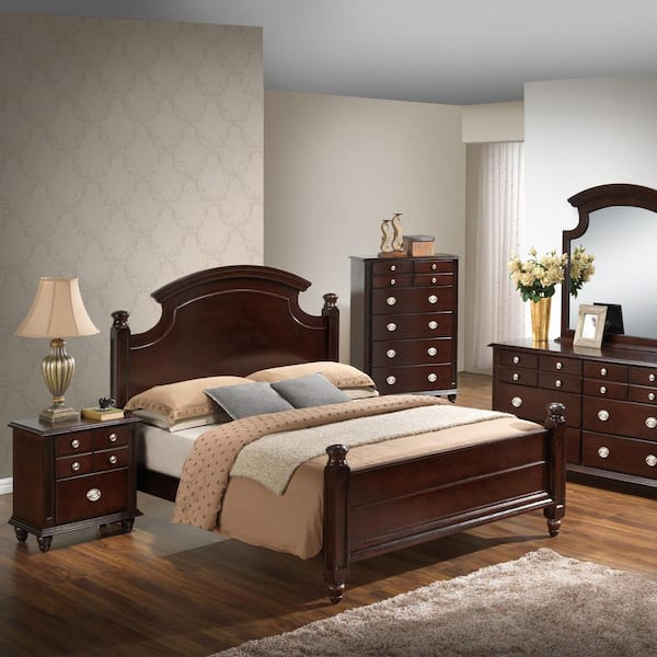 Leta Traditional Brown Wood Frame Queen Size Four Poster Platform Bed with Hand-Carved Posts
