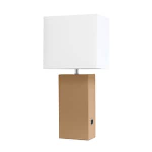 21 in. Beige Modern Leather Table Lamp with USB and White Fabric Shade