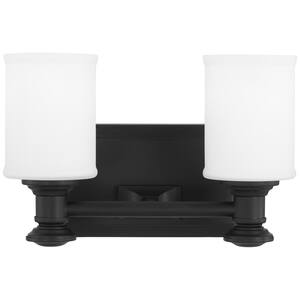 Harbour Point 11.25 in. W 2-Light Coal Black Vanity Light with Etched White Glass Shade