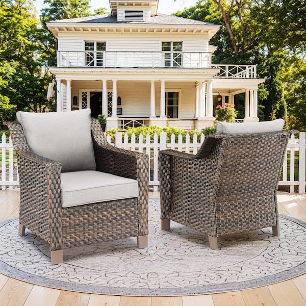 Opohoro SlideArm Metal and Brown Wicker Outdoor Lounge Chair with Olefin Beige Cushions (2-Pack)