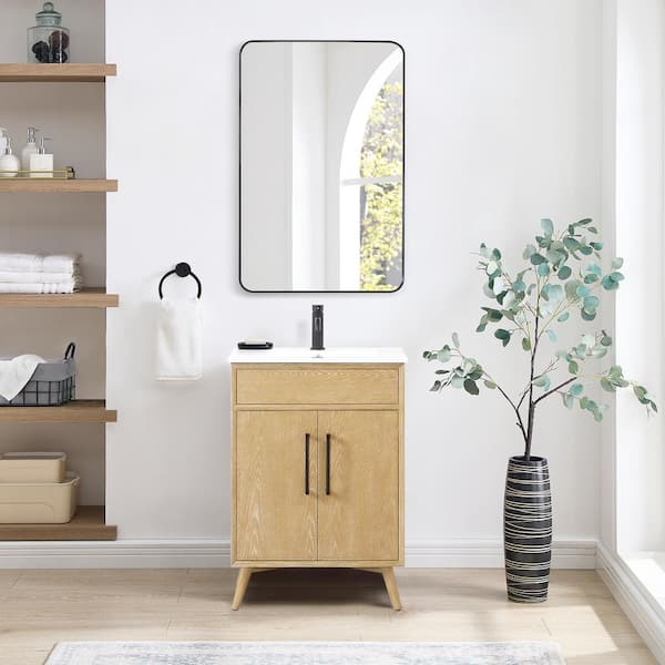 ROSWELL Delhi 24 in. W x 18.3 in. D x 34.1 in. H Single Sink Bath Vanity in Washed Ash Grey with White Ceramic Basin Top