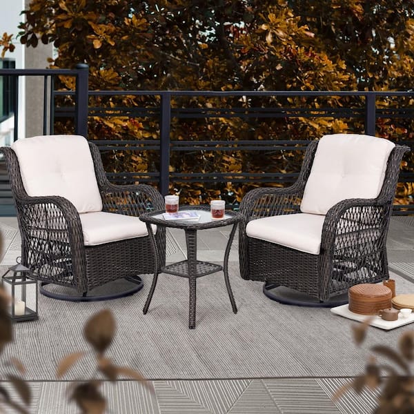 3-Piece Brown Swivel Wicker Outdoor Rocking Chair with Beige Cushions and Glide Function