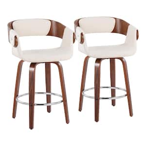 Elisa 33 in. Counter Height Bar Stool in Cream Fabric and Walnut Wood (Set of 2)