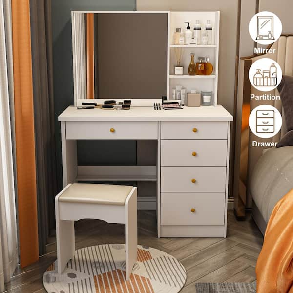 Details about   Vanity Makeup Table Dressing Wood Desk Set With Stool 3 Mirror 5 Drawer White US 