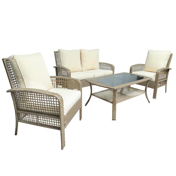Afoxsos Beige Brown Frame 4-Piece PE Wicker Rattan Outdoor Sectional Furniture Sofa Set with Beige Cushions