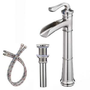 Waterfall Single Handle Single-Hole Bathroom Vessel Sink Faucet with Hot and Cold Holes&Pop Up Drain in Brushed Nickel