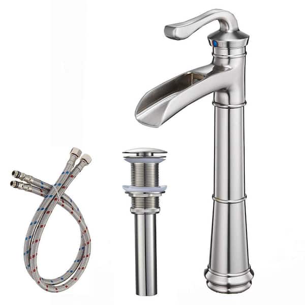 Fapully Waterfall Single Handle Single-Hole Bathroom Vessel Sink Faucet with Hot and Cold Holes&Pop Up Drain in Brushed Nickel
