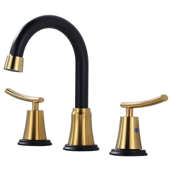 IVIGA 8 in. Widespread Double Handle Bathroom Faucet with Pop Up Drain Included and 360° Swivel Spout in Black and Gold