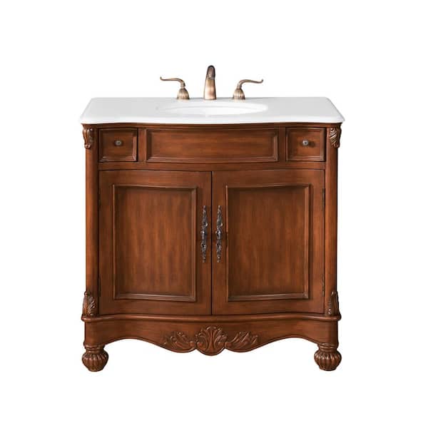 Unbranded Simply Living 36 in. W x 21.5 in. D x 35 in. H Bath Vanity in Brown with Ivory White Engineered Marble