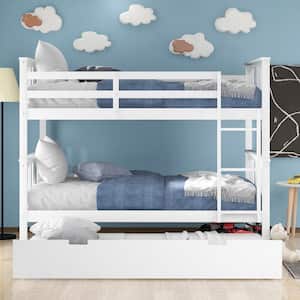 White Full Over Full Bunk Bed with Twin Size Trundle, Detachable Full Size Solid Wood Kids Bunk Bed Frame with Ladder