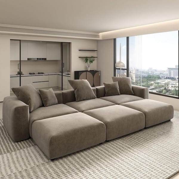 Magic Home 118 in. Armless Oversized Exra Large 4-Piece L-shaped Corduroy Sectional Sofa Rearrangeable Couch with Ottoman in Brown
