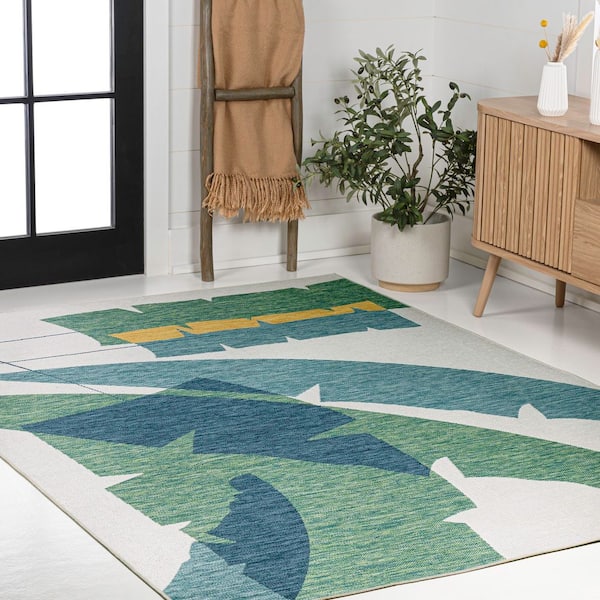 Shelby Coastal Vintage Abstract Palm Leaf Green/Cream 8 ft. x 10 ft. Indoor/Outdoor Area Rug