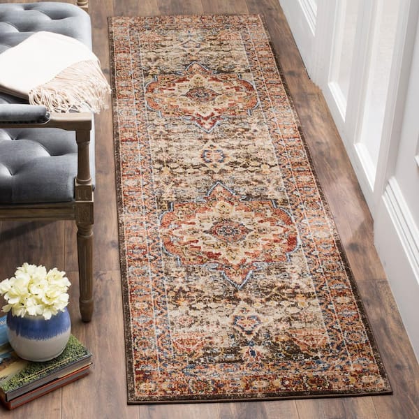 Bijar Brown/Rust 2 ft. x 12 ft. Border Distressed Medallion Runner Rug