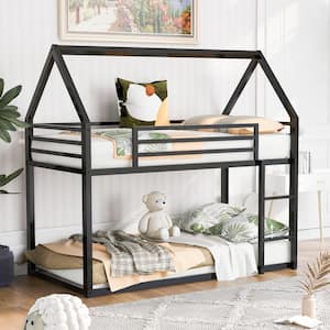 Black Twin Over Twin House Bunk Bed with Built in Ladder
