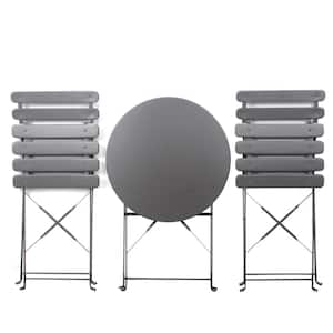3-Piece Metal Round Outdoor Bistro Set with 2 Slat Patio Folding Chairs in Gray