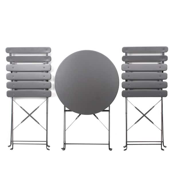 Otryad 3-Piece Metal Round Outdoor Bistro Set with 2 Slat Patio Folding Chairs in Gray