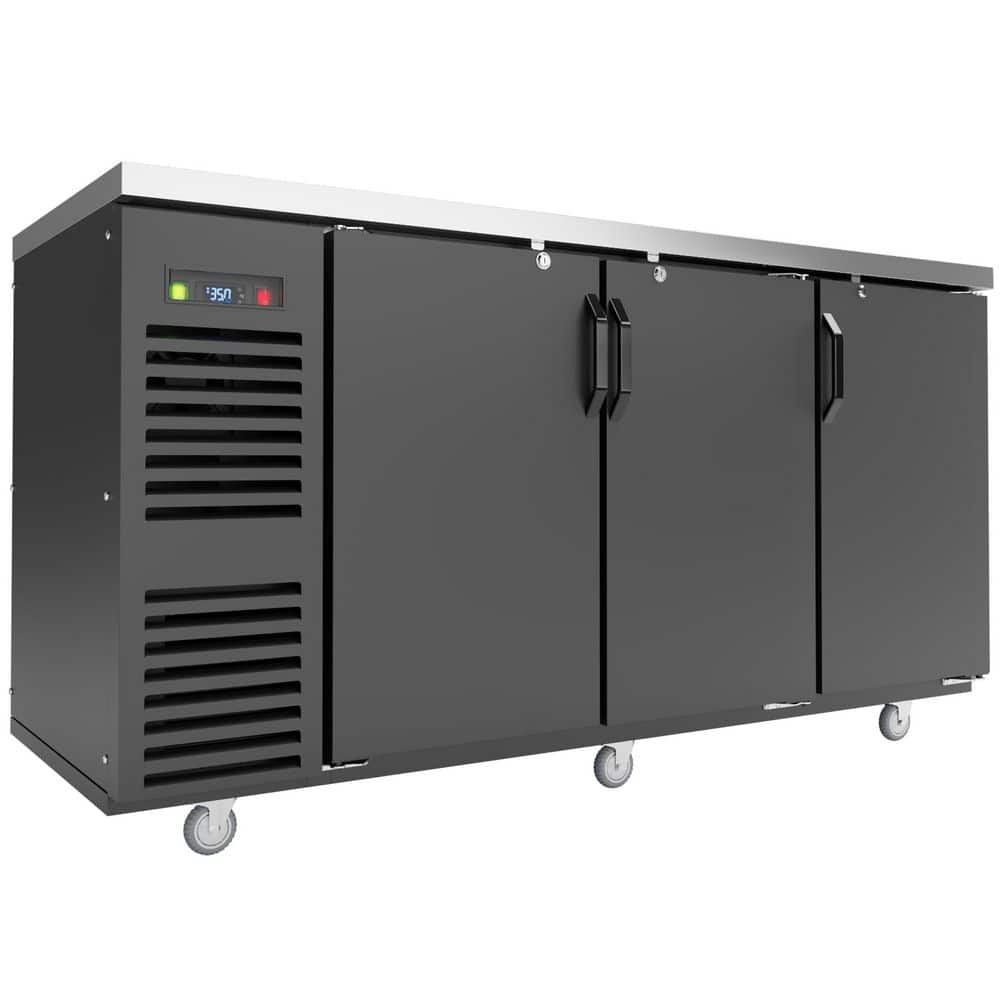 72 in. W 24.2 cu. ft. Commercial Counter Height Back Bar Cooler w/ Stainless Steel Top 3 Doors LED Light Caster in Black