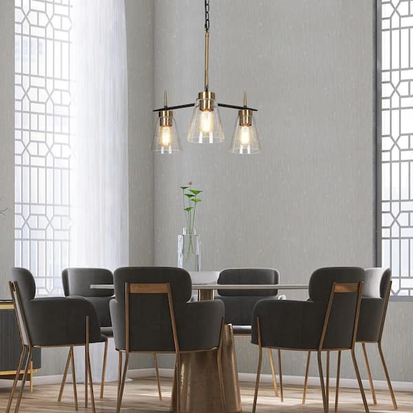 3-Light Black and Brass Chandelier with Clear Glass Shades